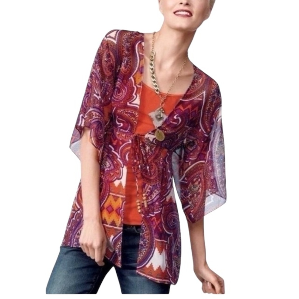 CAbi Style 841 Epic Tunic Printed Paisley Kimono Beaded Tie Women’s Small Sheer